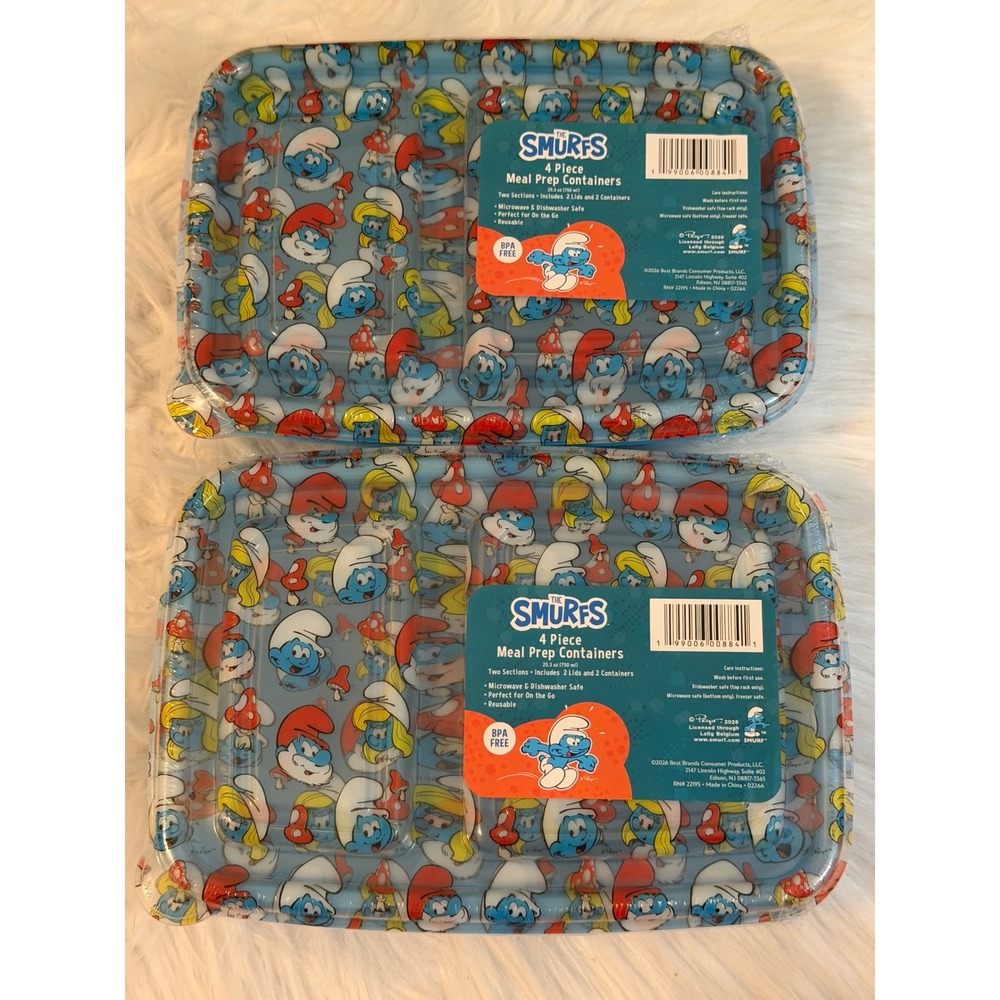 The Smurfs 4 Piece Meal Prep Containers 2-Pack 25.3oz Two Section BPA Free New